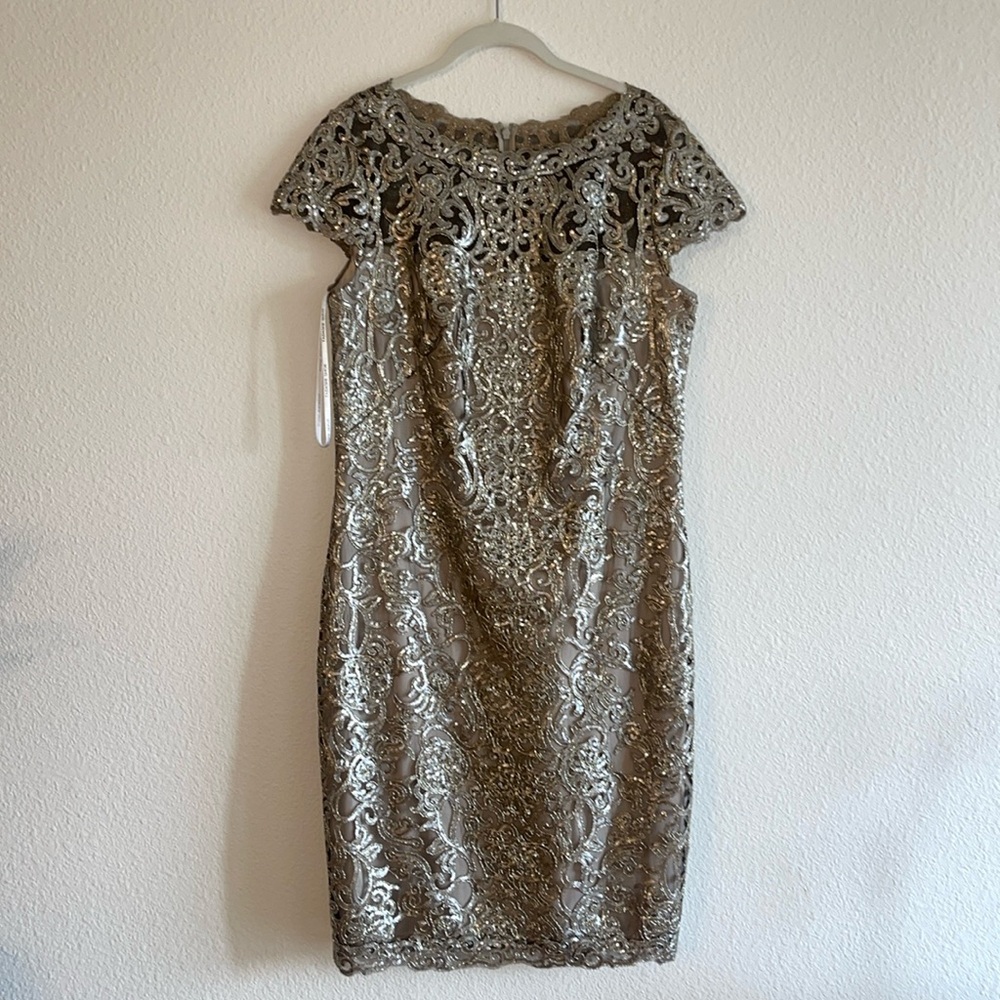 Tadashi Shoji Elegant Lace Overlay Dress in Gold and Silver Size 14